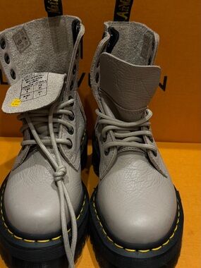 Dr. Martens Gray Lace-Up Platform Combat Boots with Yellow Stitching